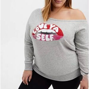 Torrid “Love Ya Self” Light Grey Terry Off Shoulder Sweatshirt - Size 3X